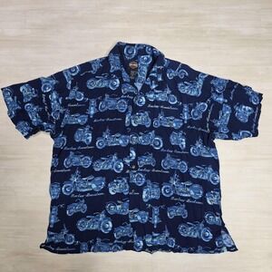 Harley-Davidson Shirt Mens 2XL Navy Blue‎ Hawaiian Aloha Camp Button Up Made USA